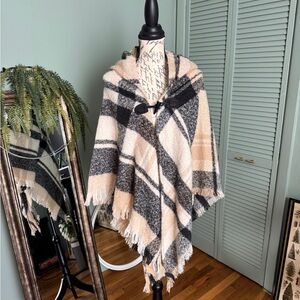 Chic Hooded Plaid Cape - Black, Gray, Tan